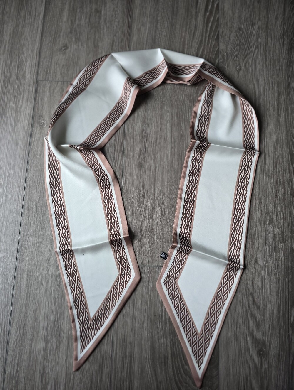 Long Skinny Scarf Ivory Brown Geometric Neck Tie Hair Ribbon Bag Tie 58" Satin